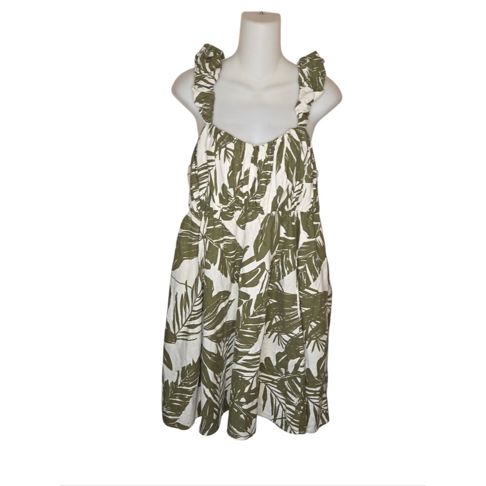 Abercrombie & Fitch Linen-Blend Ruffle Strap Mini Dress XL Olive Tropical Leaf